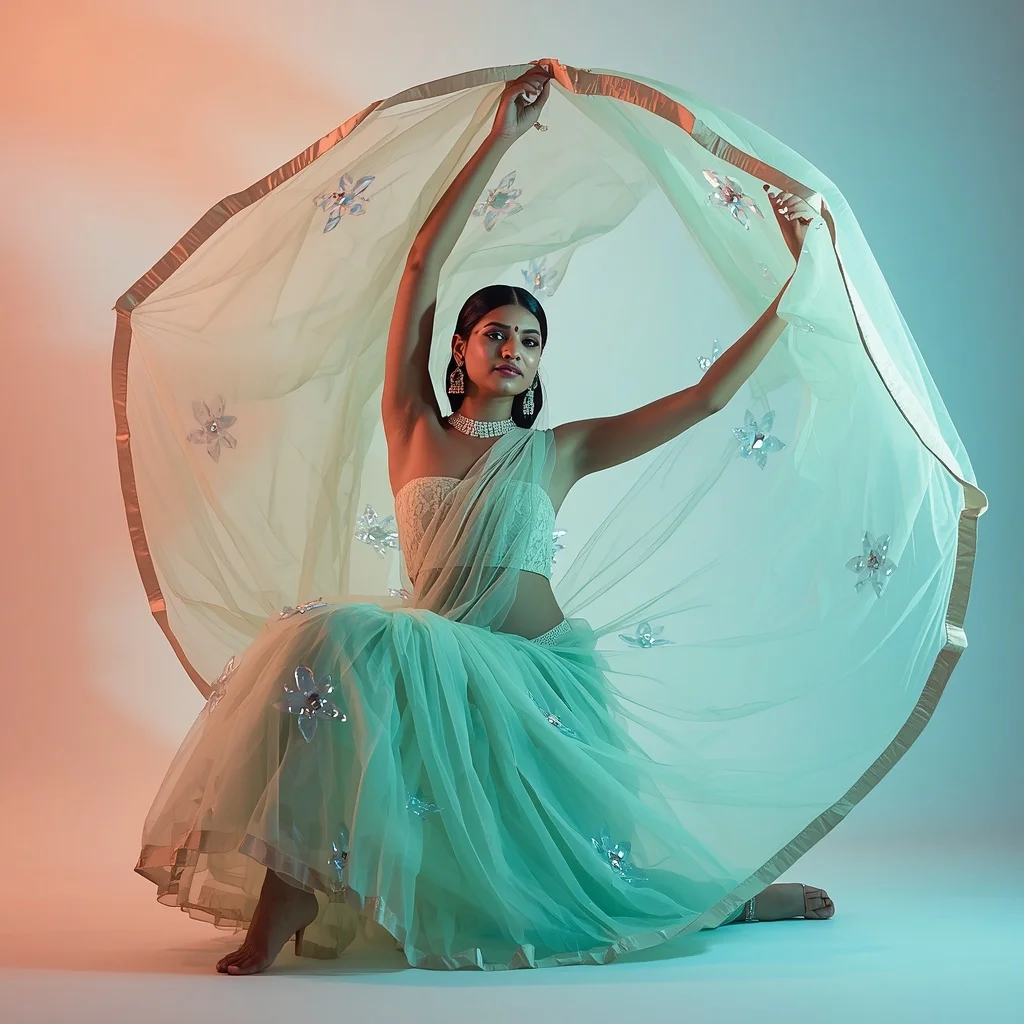 Pastel Mint Tulle Saree – Sweeping Spin Pose with Cyan Water Caustics | Art Ai Prompt