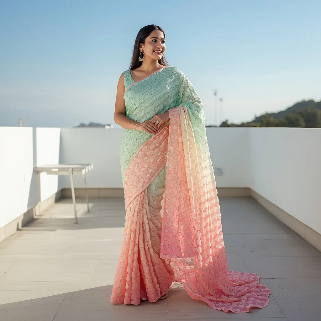 Pastel Ombre Dense Sequin Gradient Saree | Looking Away into Distance Pose | Copy Paste Ai Prompt
