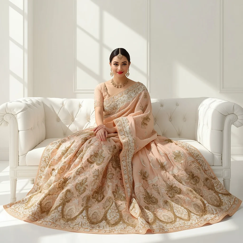 Pastel Peach Kundan & Heavy Zardozi Armor Saree | Sitting Royal Pose High Resolution | Beautiful Woman Ai Prompt