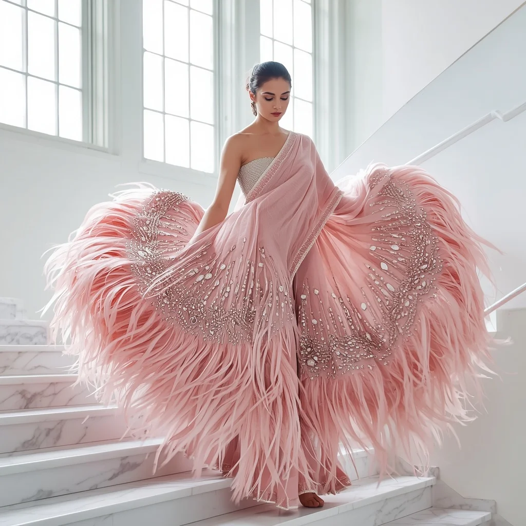 Pastel Pink Hyper-Embellished Feather & Rhinestone Saree | Graceful Mid-Step Pose | Girls Trending Prompt Gemini Instagram