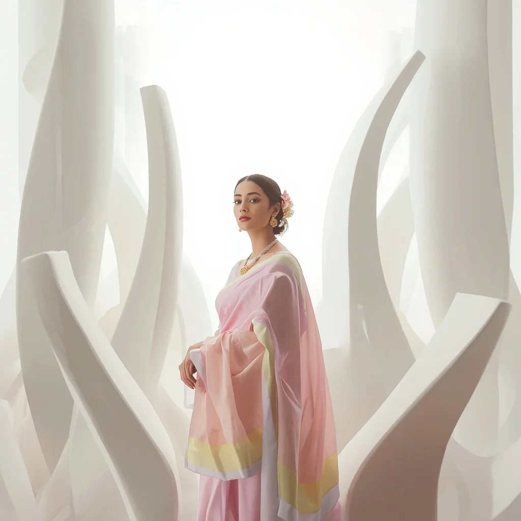 Pastel Saree Abstract Ceramic Forms Lite Background Cinematic Prompt | Instagram Influencer Ai Prompt