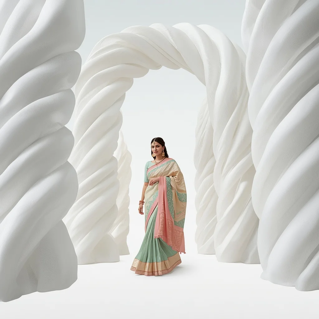 Pastel Saree Abstract Floating White Ribbon Architecture Lite Background Cinematic Prompt | Indian Girl Ai Prompt