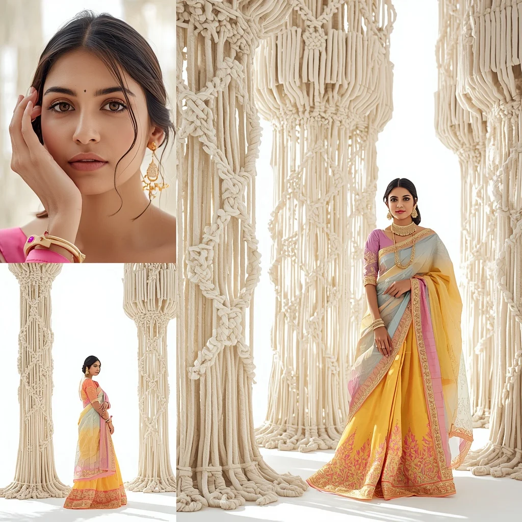 Pastel Saree Avant-Garde White Macrame Architecture Lite Background Premium Prompt | Instagram Girl Gemini Prompt