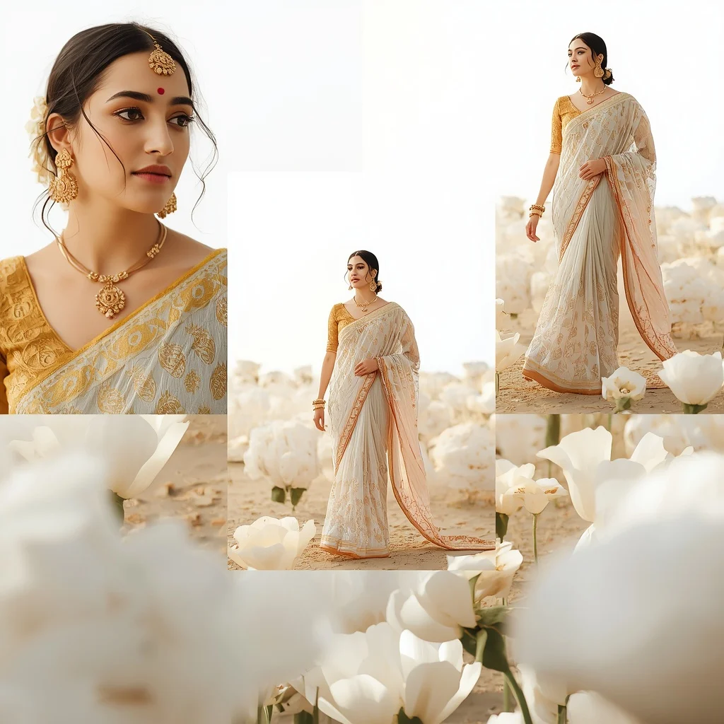 Pastel Saree Blooming Porcelain Flowers Lite Background Premium Prompt | Best Ai Prompts Free