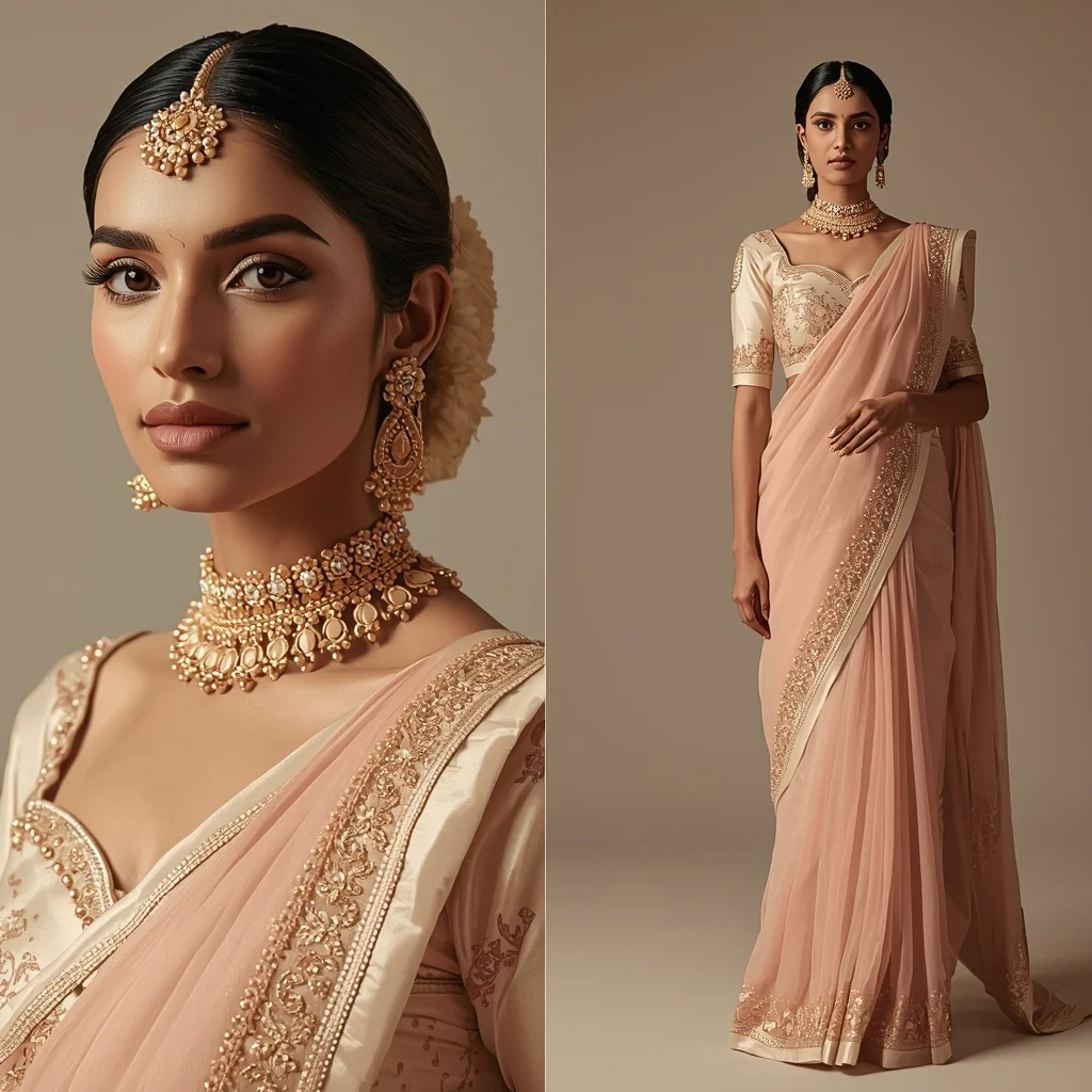 Pastel Saree Bridal Elegance Soft Light Editorial Collage Image Prompt | Saree Dp Ai Prompt