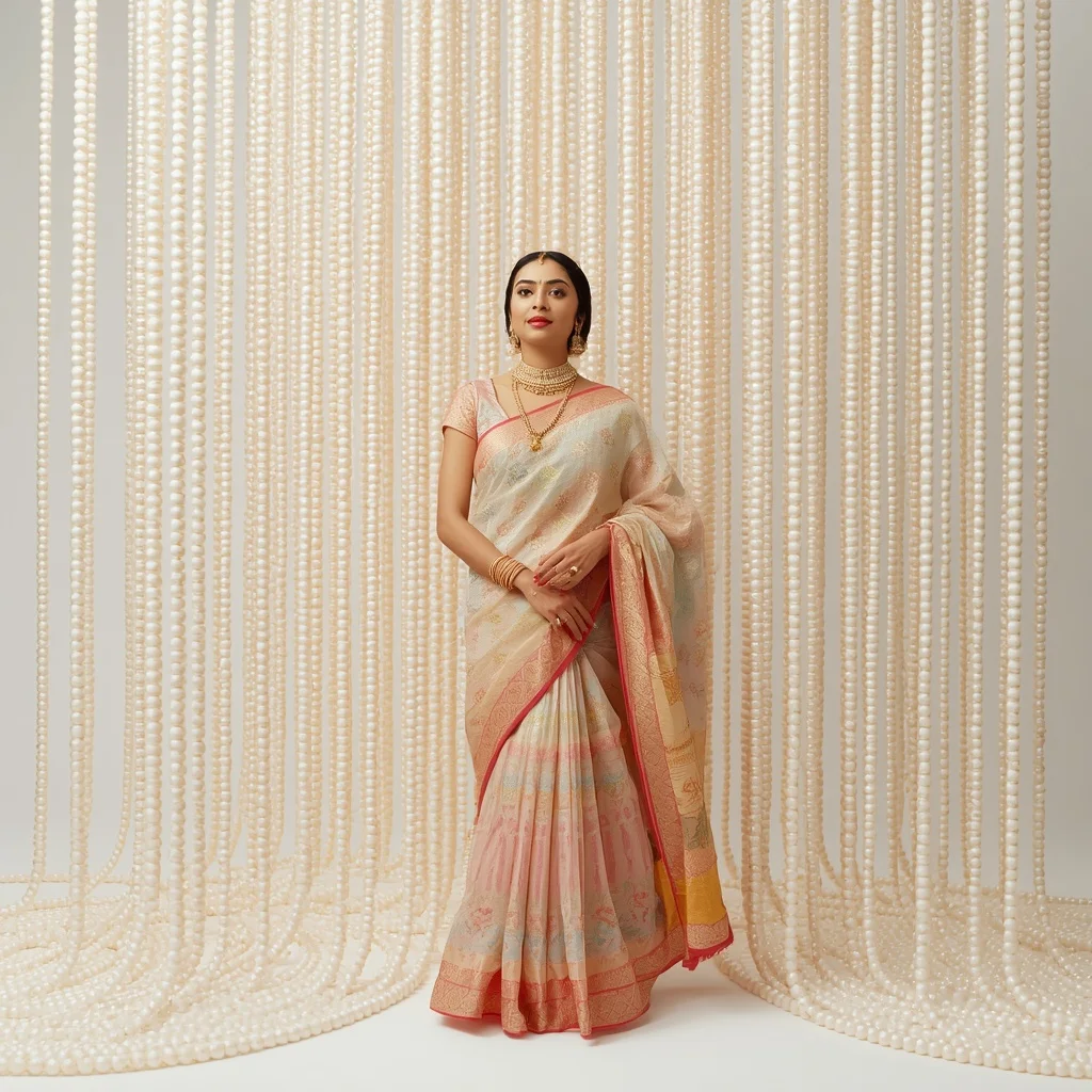 Pastel Saree Cascading Pearl Strings Lite Background Viral Prompt | Female Model Ai Prompt