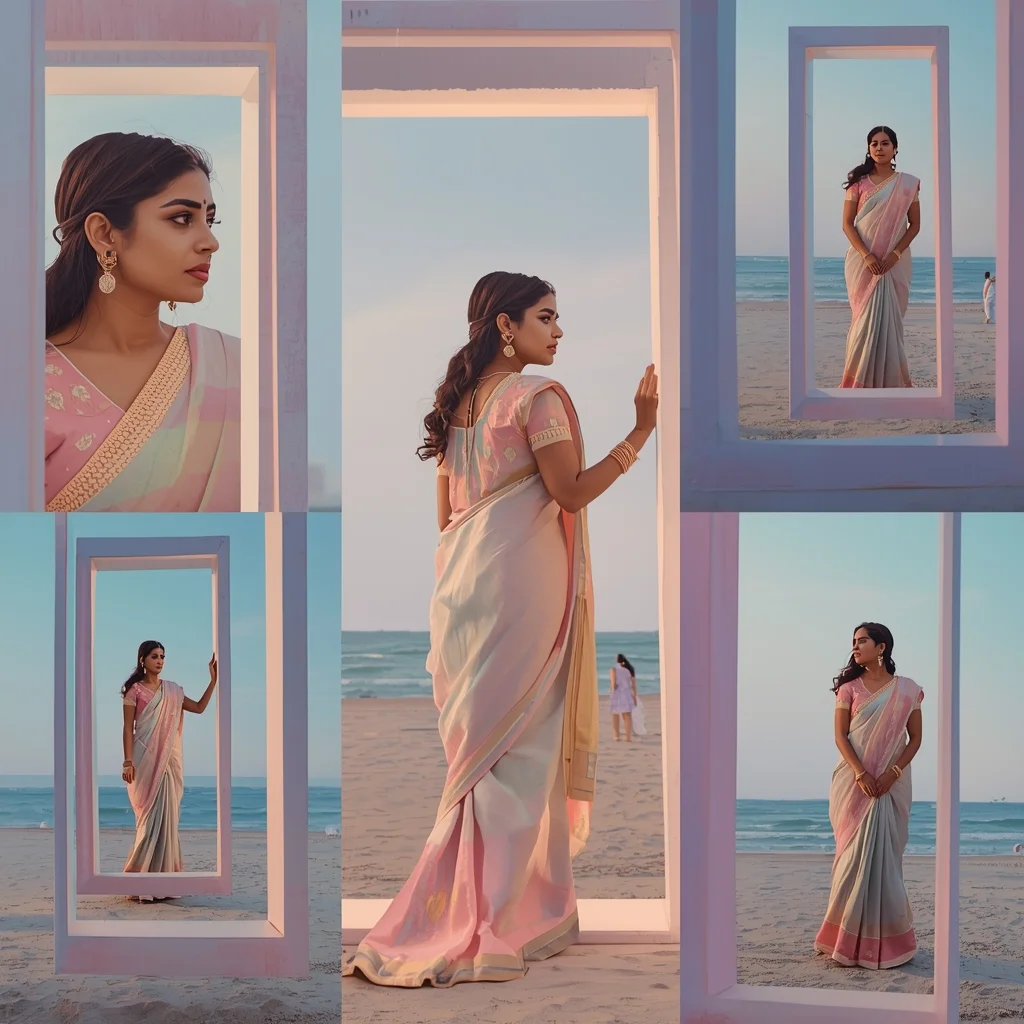 Pastel Saree Dimensional Portal Window Multiple Worlds Prompt | Bridal Saree Ai Prompt