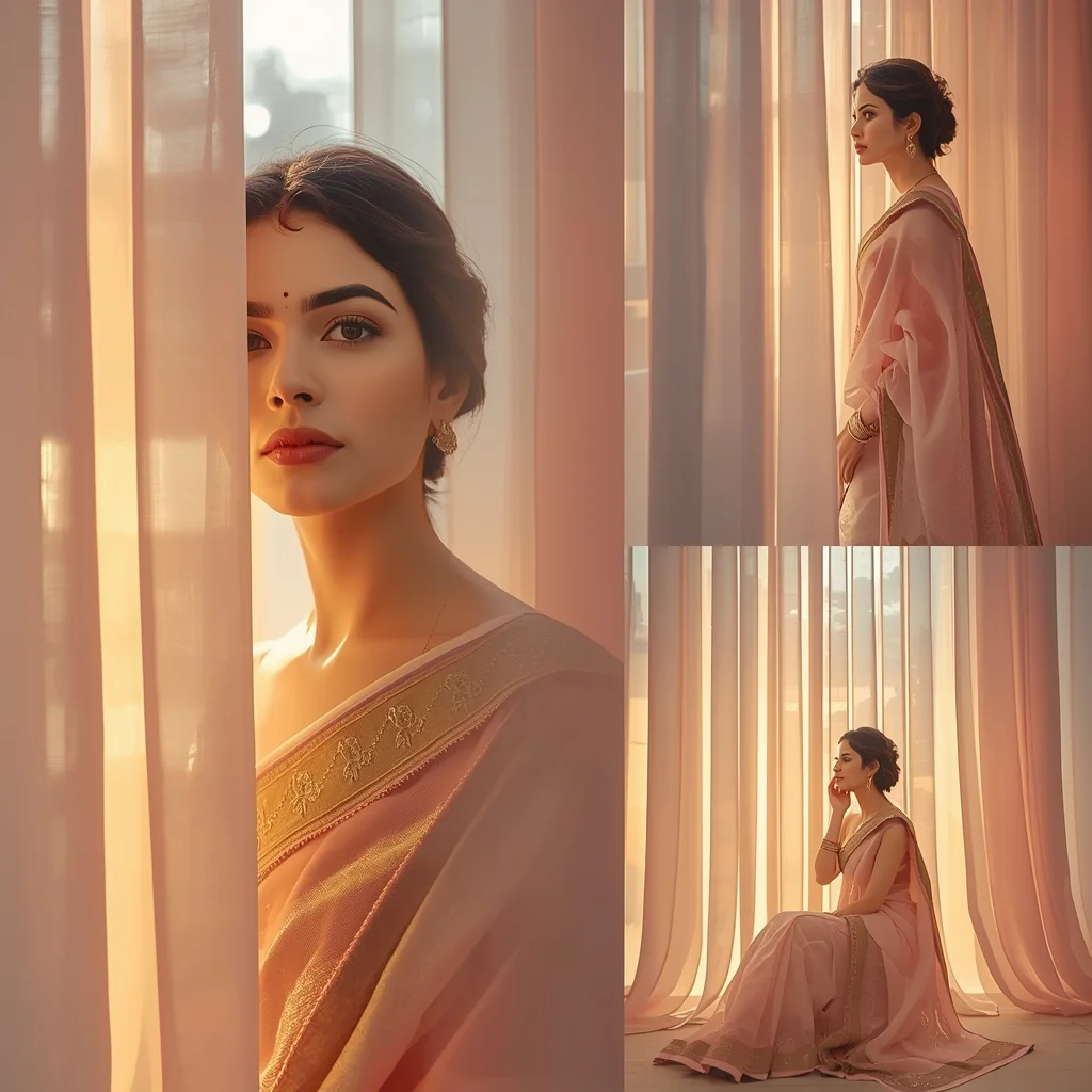 Pastel Saree Dreamy Curtain Light Soft Glow Collage Image Prompt | Saree Woman Ai Prompt