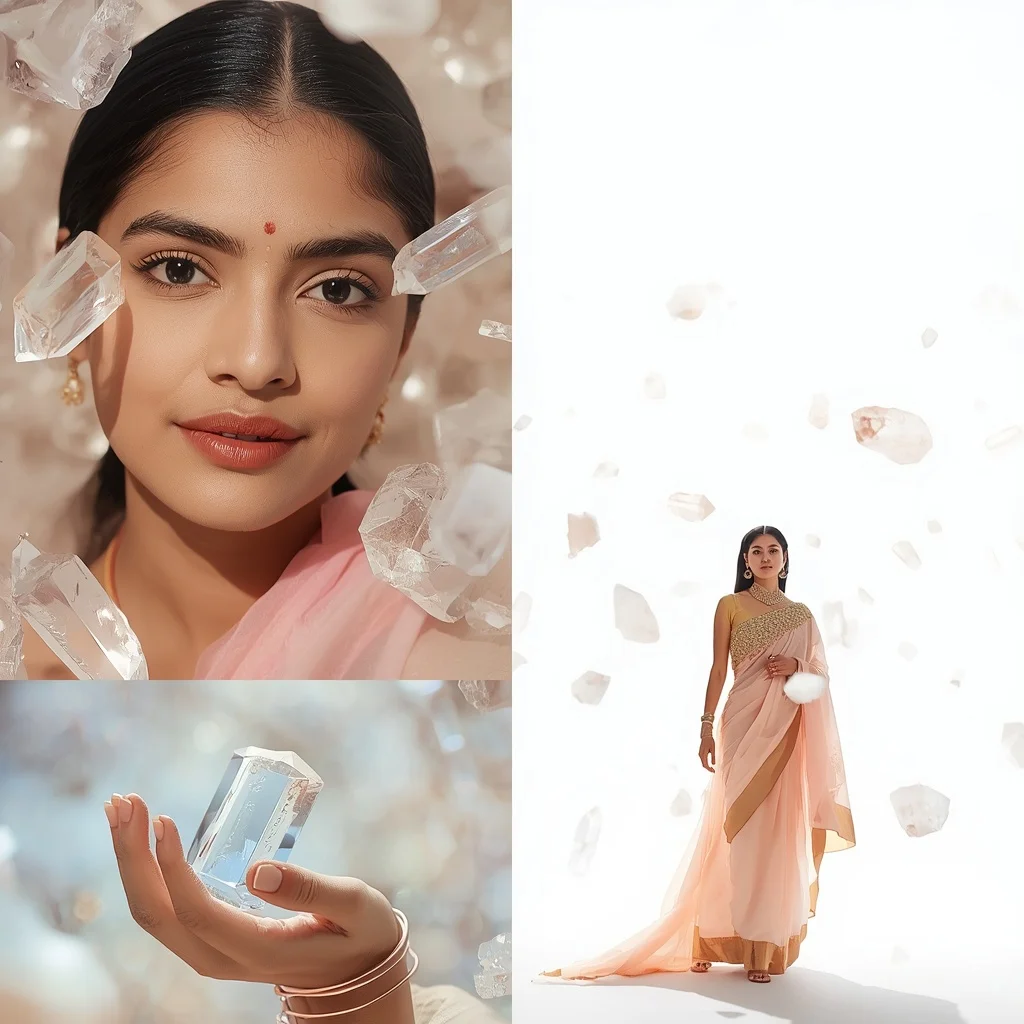 Pastel Saree Floating Clear Quartz Crystals Lite Background Cinematic Prompt | Woman Pose Ai Prompt