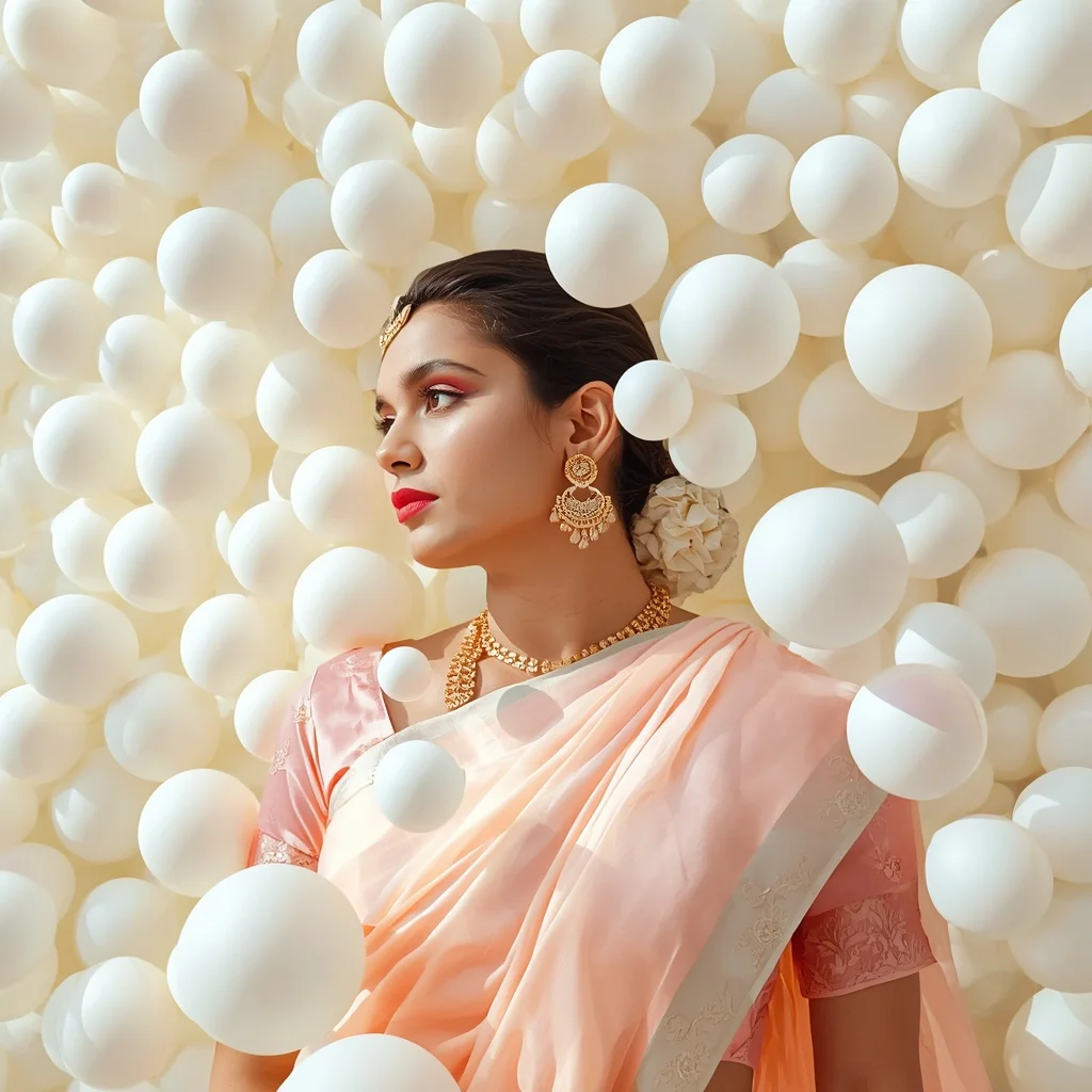 Pastel Saree Floating Matte White Spheres Lite Background Cinematic Prompt | Female Model Ai Prompt