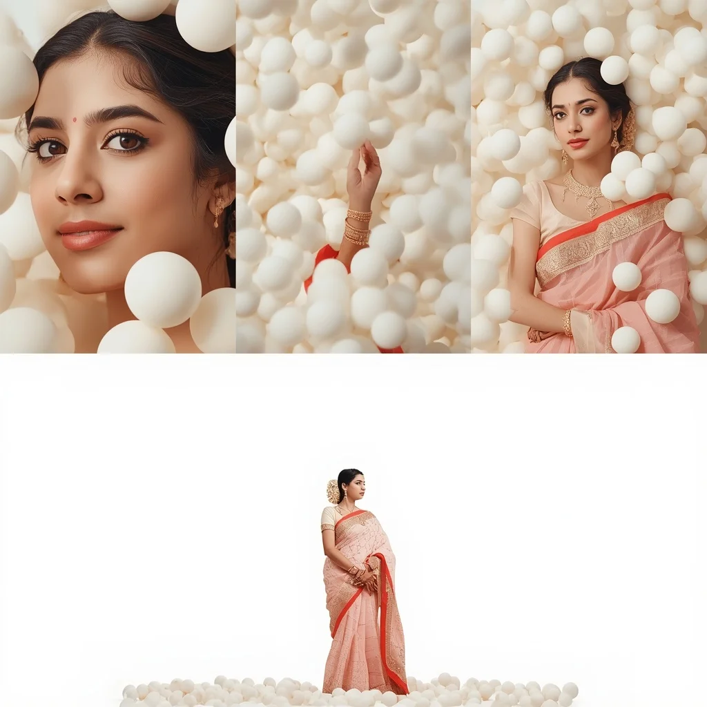 Pastel Saree Floating Matte White Spheres Lite Background Premium Prompt | Instagram Carousel Ai Prompt