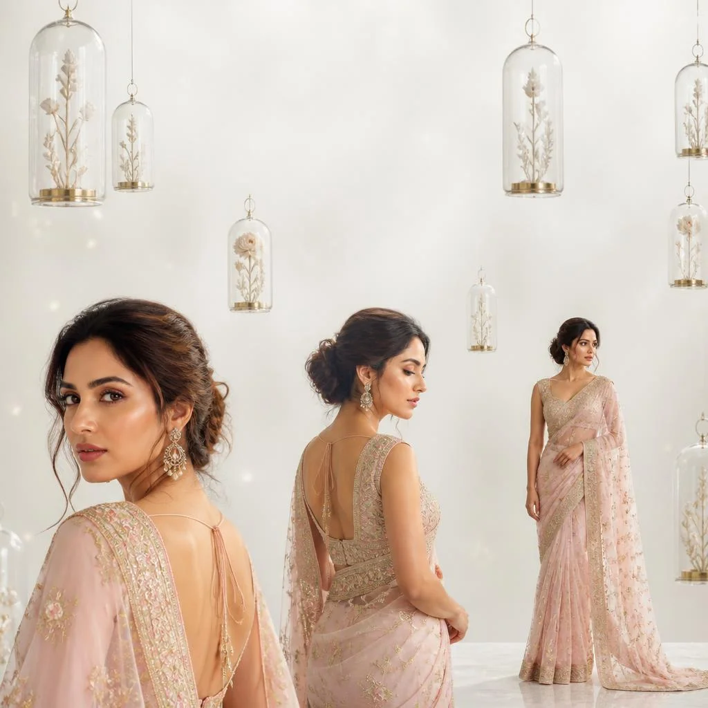 Pastel Saree Floating Minimalist Glass Botanical Domes Lite Background Premium Prompt | Prompt For Traditional Look On Instagram