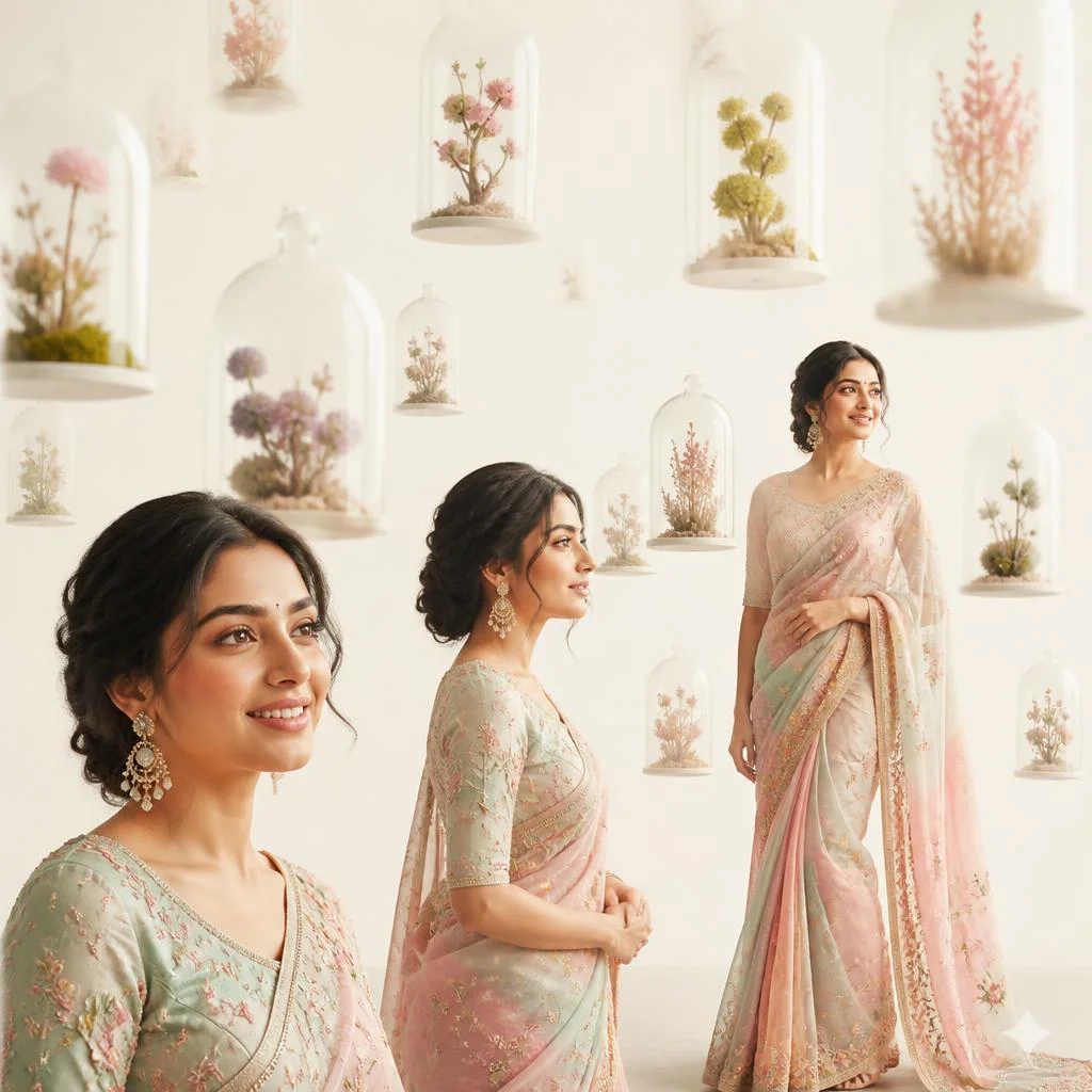 Pastel Saree Floating Minimalist Glass Domes Lite Background Premium Prompt | Best AI Art