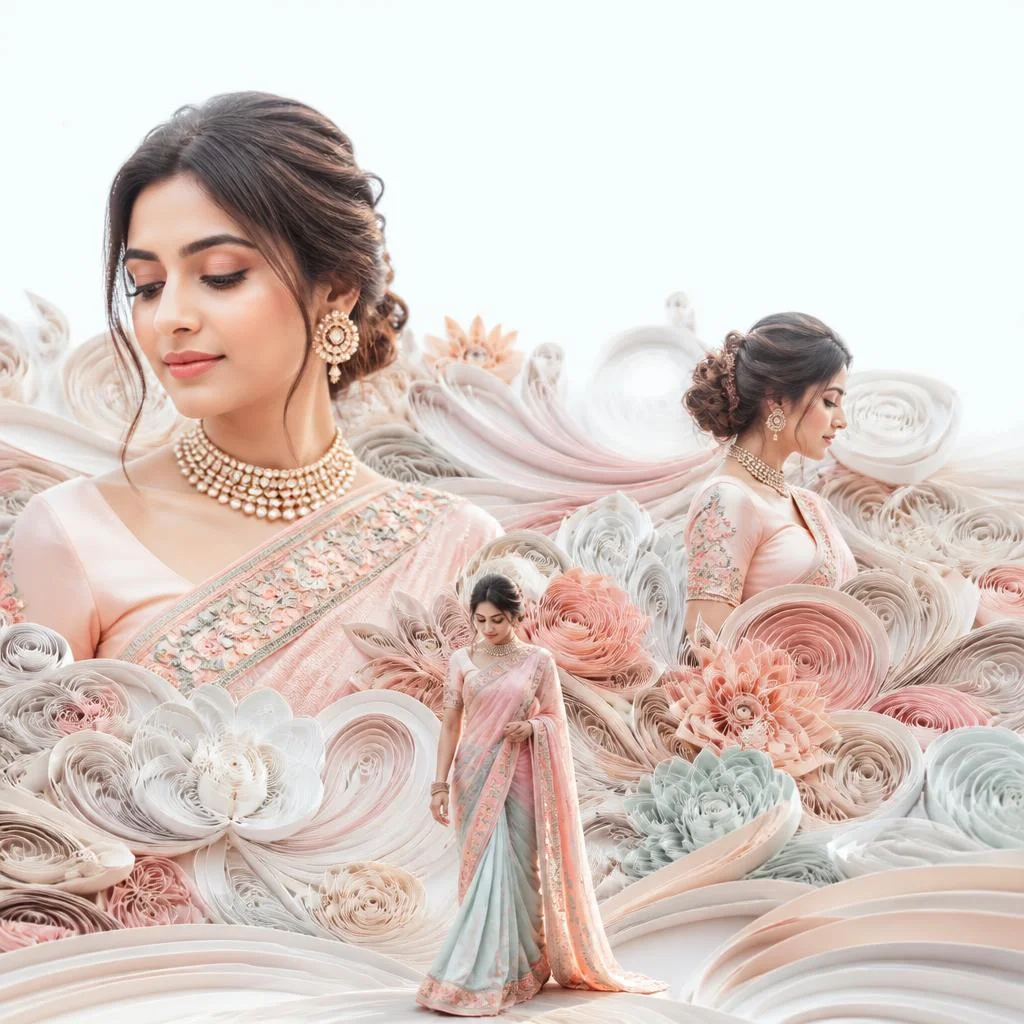 Pastel Saree Floating Paper Quilling Landscape Lite Background Viral Prompt | Best AI Art