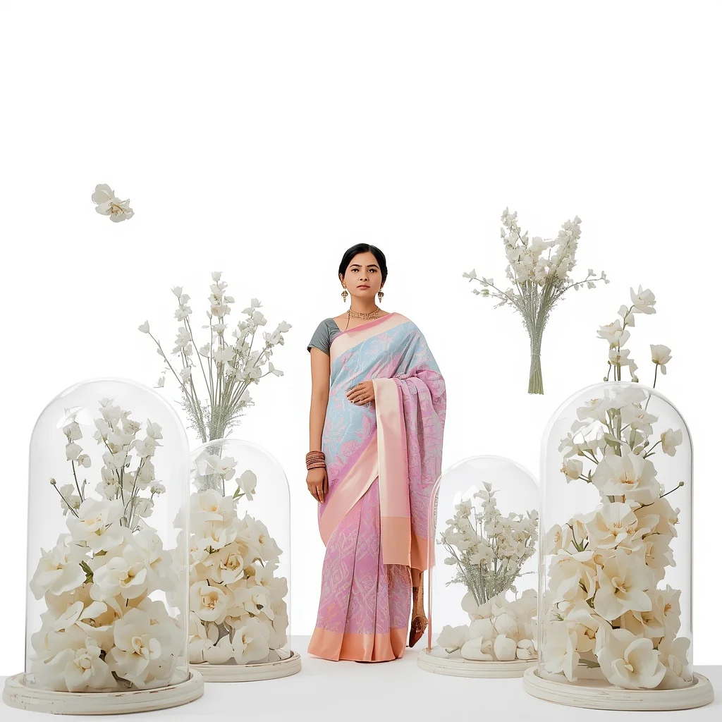 Pastel Saree Floating Preserved Botanical Glass Domes Lite Background Premium Prompt | Gemini Prompt