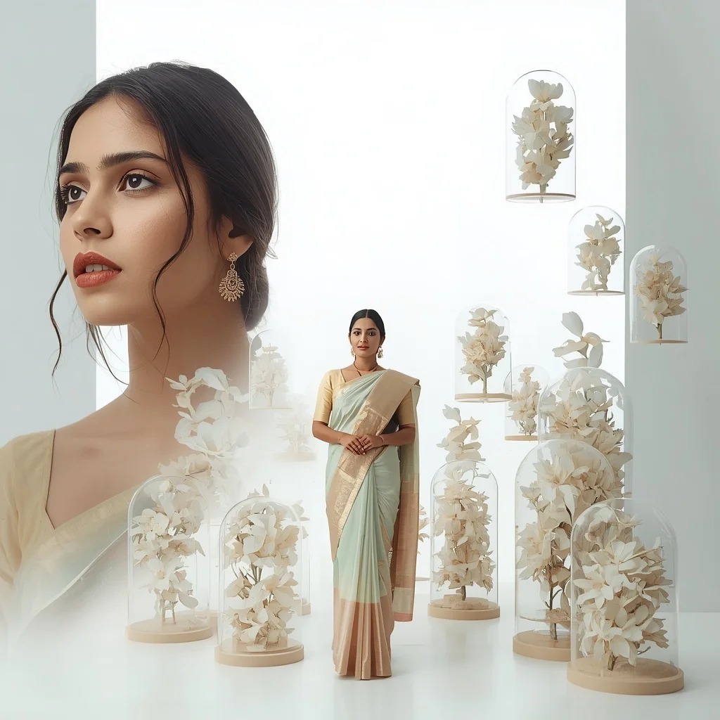 Pastel Saree Floating Preserved White Floral Domes Lite Background Premium Prompt | New Instagram Trend Prompt For Girl Copy And Paste