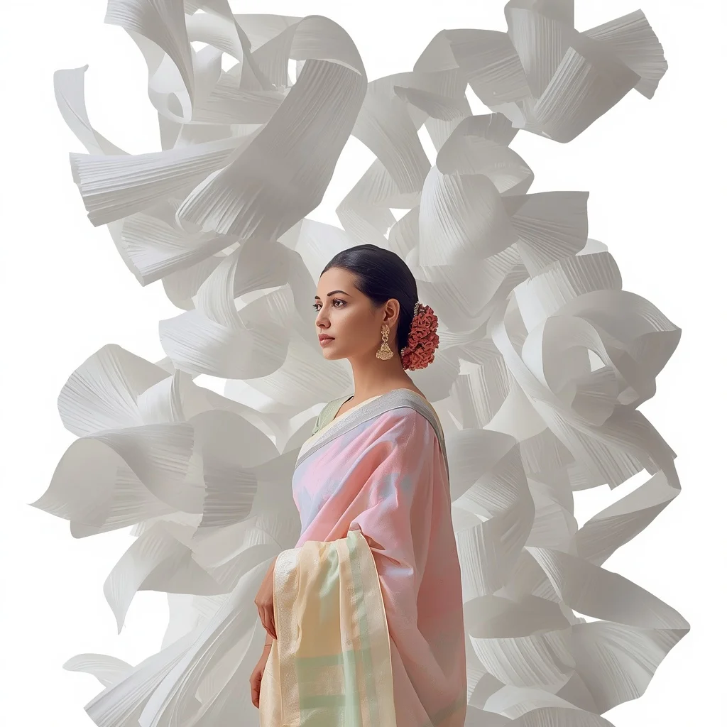 Pastel Saree Floating Sculptural White Paper Ribbons Lite Background Premium Prompt | New Instagram Trend Prompt For Girl Attitude