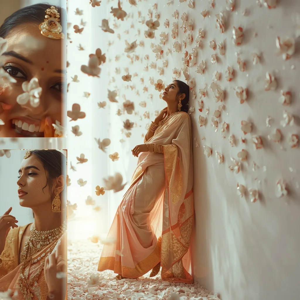 Pastel Saree Floating White Ceramic Blossoms Lite Background Viral Prompt | Woman Pose Ai Prompt