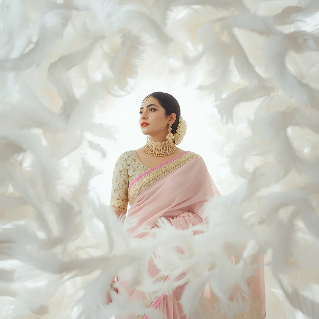 Pastel Saree Floating White Feathers Vortex Lite Background Cinematic Prompt | Woman Pose Ai Prompt