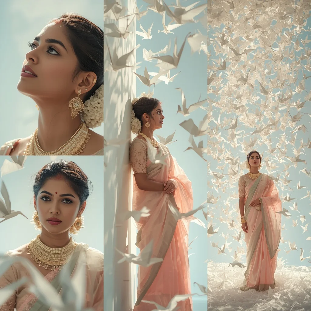 Pastel Saree Floating White Origami Cranes Lite Background Viral Prompt | Chat Gpt Prompt For Image Editing