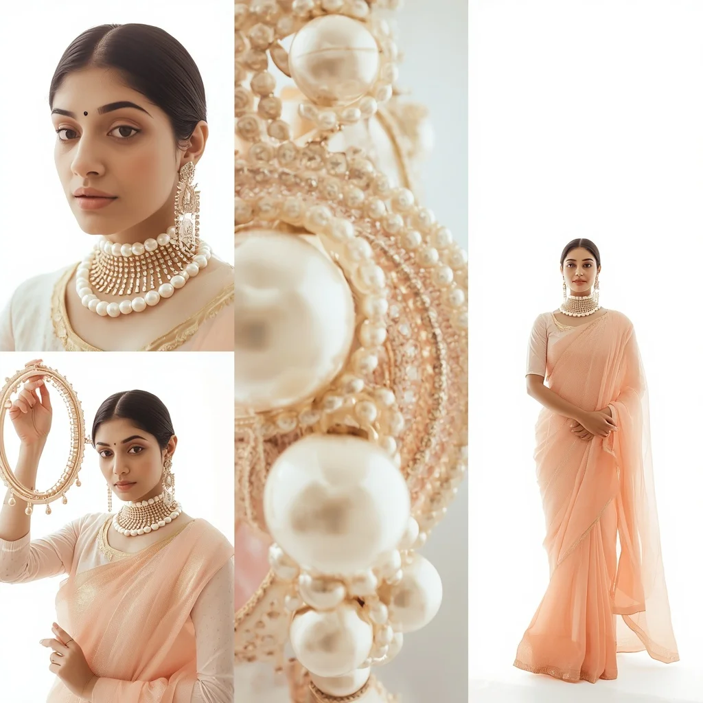 Pastel Saree Giant Pearl Jewelry Lite Background Premium Prompt | Prompt For Gemini AI Girl Model