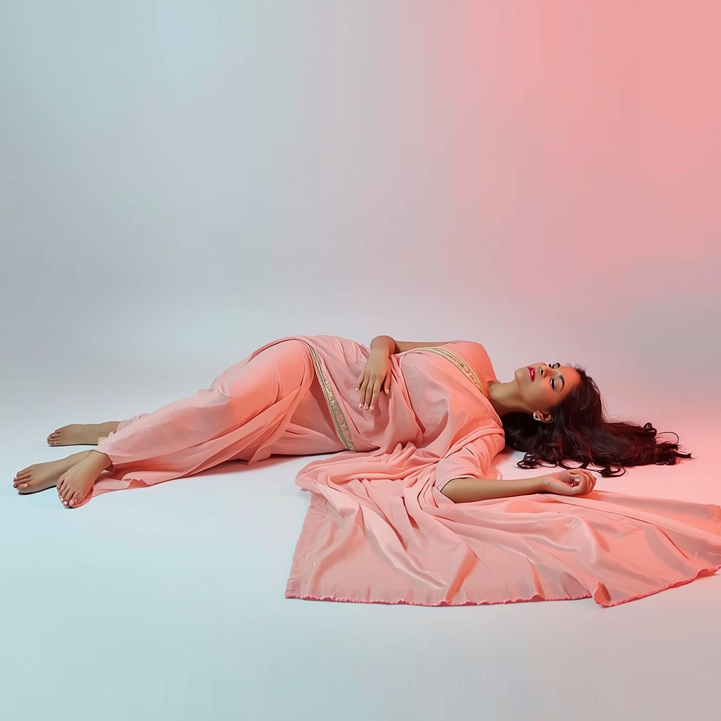 Pastel Saree Girl Gentle Floor Recline Fabric Flow Pose | Ai Gemini Prompt
