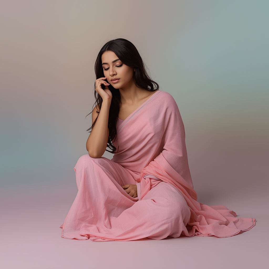 Pastel Saree Girl Soft Floor Sit Arc Body Pose | Saree Look Ai Prompt