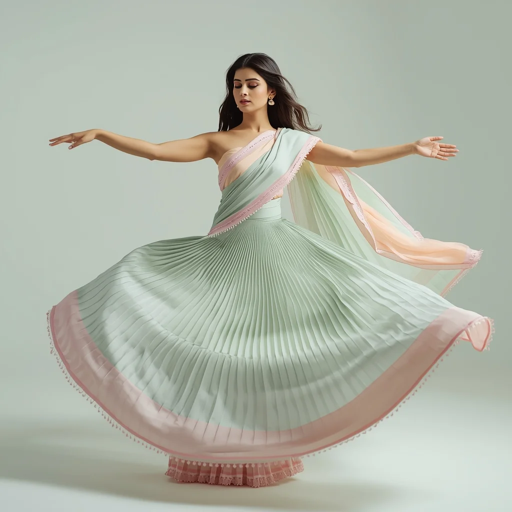 Pastel Saree Girl Twirl with Soft Dreamy Expression Pose | Saree Prompt For Women