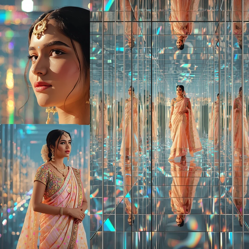 Pastel Saree Hyper Reflection Prism Corridor Infinity Cinematic Viral Prompt | Saree Dp Ai Prompt