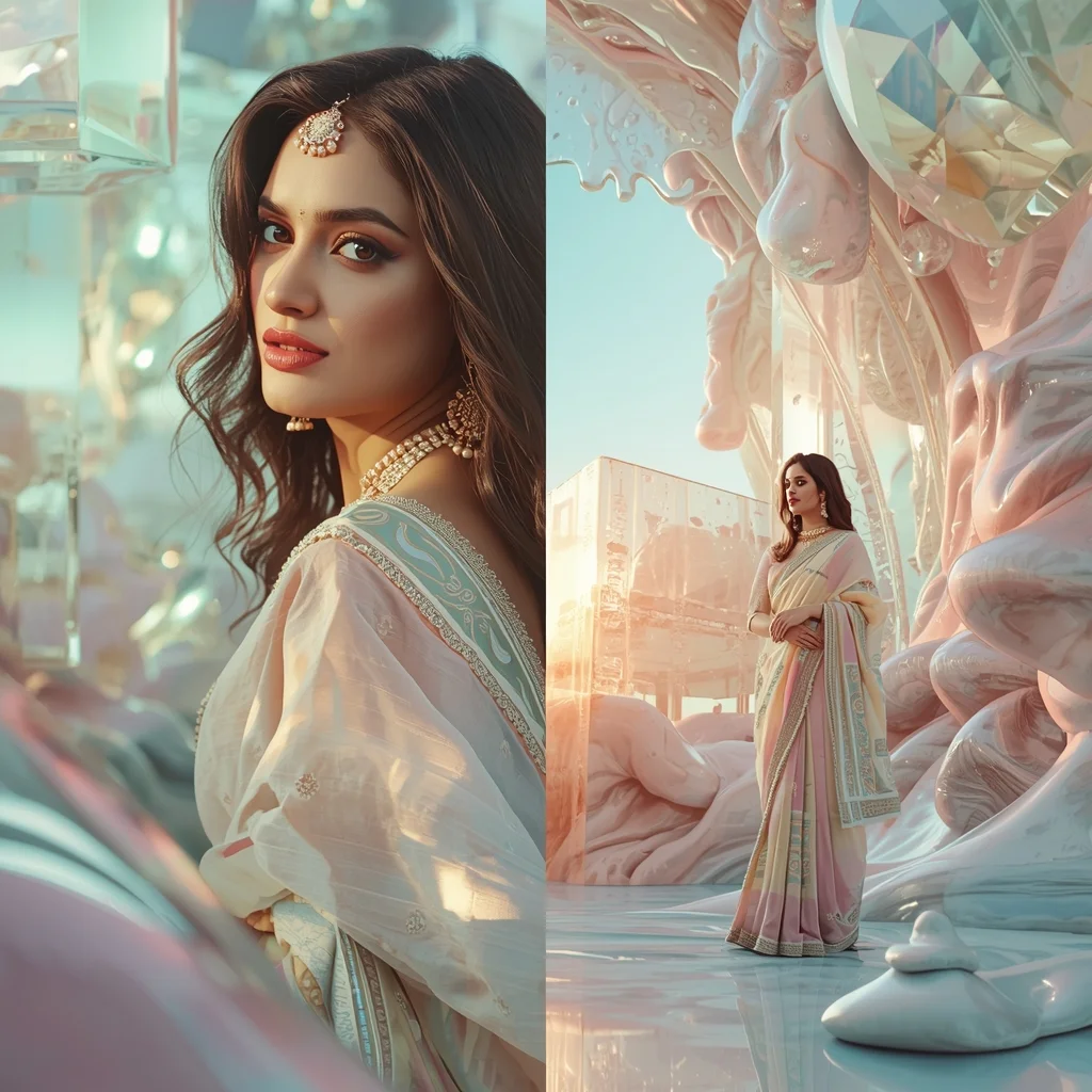 Pastel Saree Infinite Glass Fluid Reality Merge Cinematic Viral Prompt | Gemini Saree Prompt For Woman