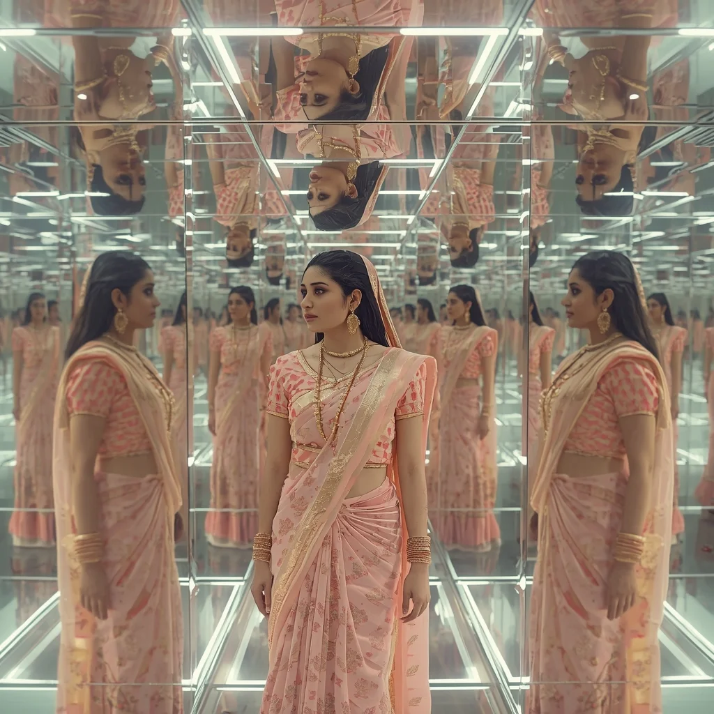 Pastel Saree Infinite Reflection Tunnel Recursive Reality Prompt | Saree Ai Prompt Copy Paste For Gemini
