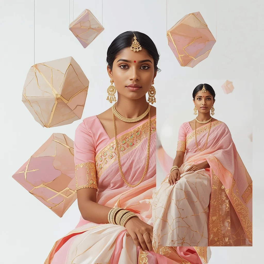 Pastel Saree Kintsugi Geometry Lite Background Cinematic Prompt | Editing Prompt Girl