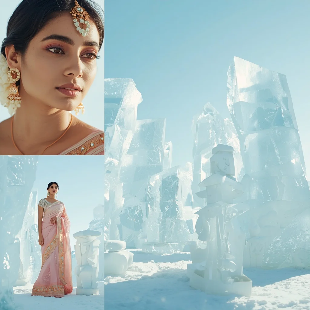 Pastel Saree Luminous Ice Sculptures Lite Background Viral Prompt | Chat Gpt Prompt For Image Editing