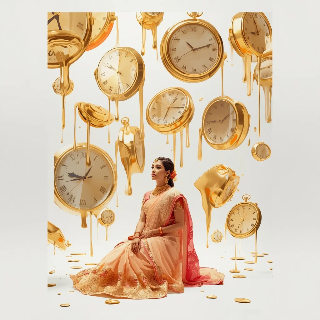Pastel Saree Melting Golden Clocks Lite Background Premium Prompt | Prompt AI For Girl