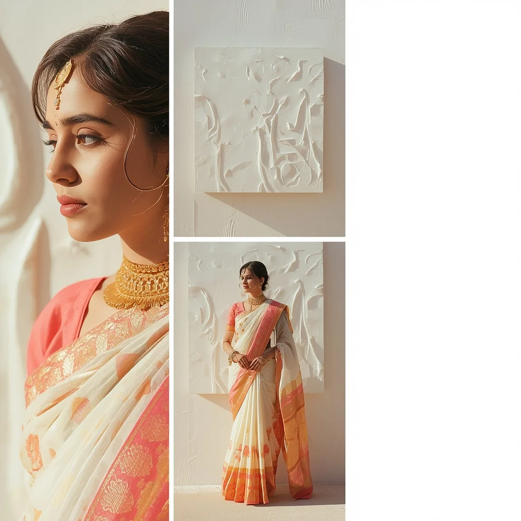 Pastel Saree Minimalist Gypsum Relief Wall Lite Background Premium Prompt | Prompt Seen Girl Lehenga