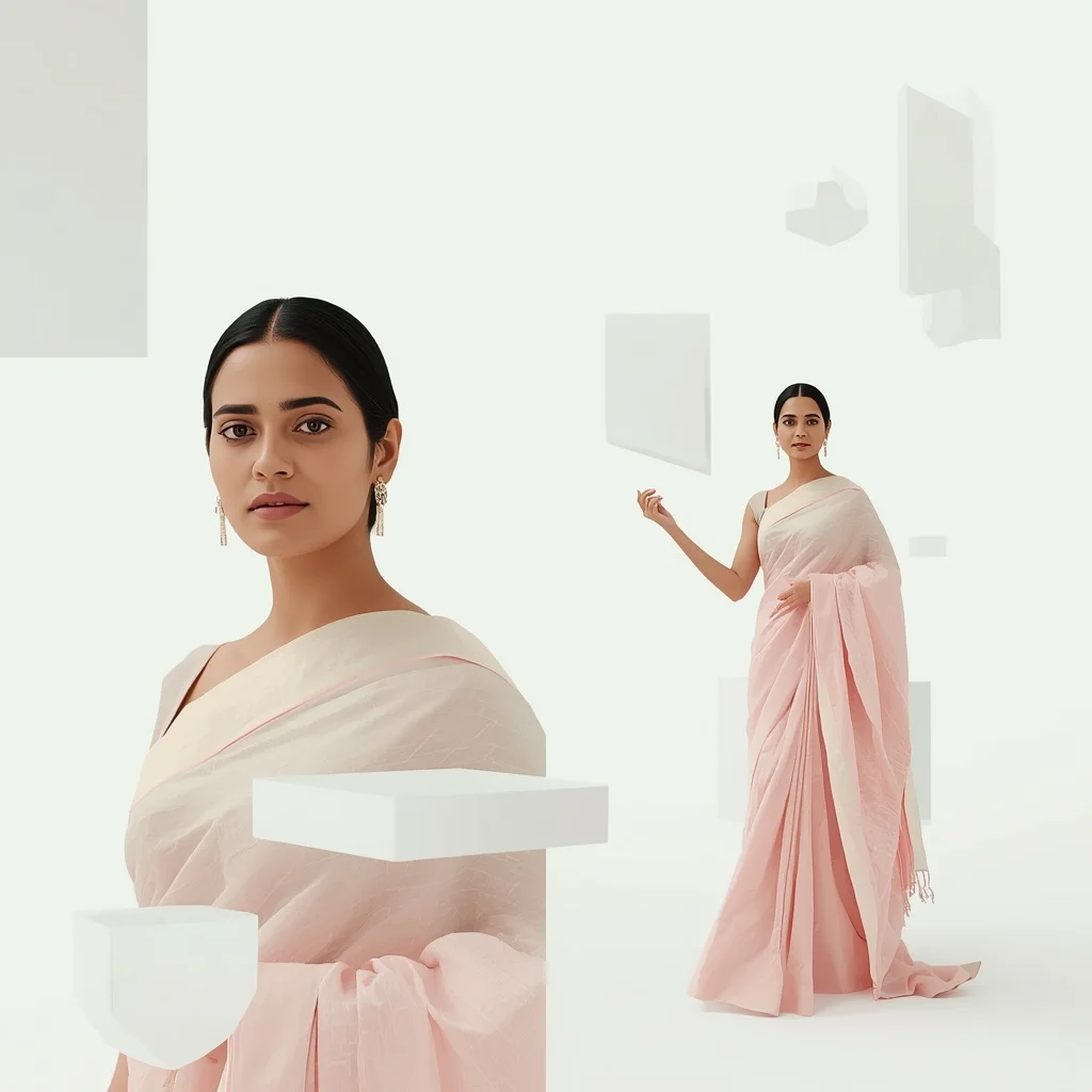 Pastel Saree Minimalist White Ceramic Geometry Lite Background Cinematic Prompt | Fashion Ai Prompt