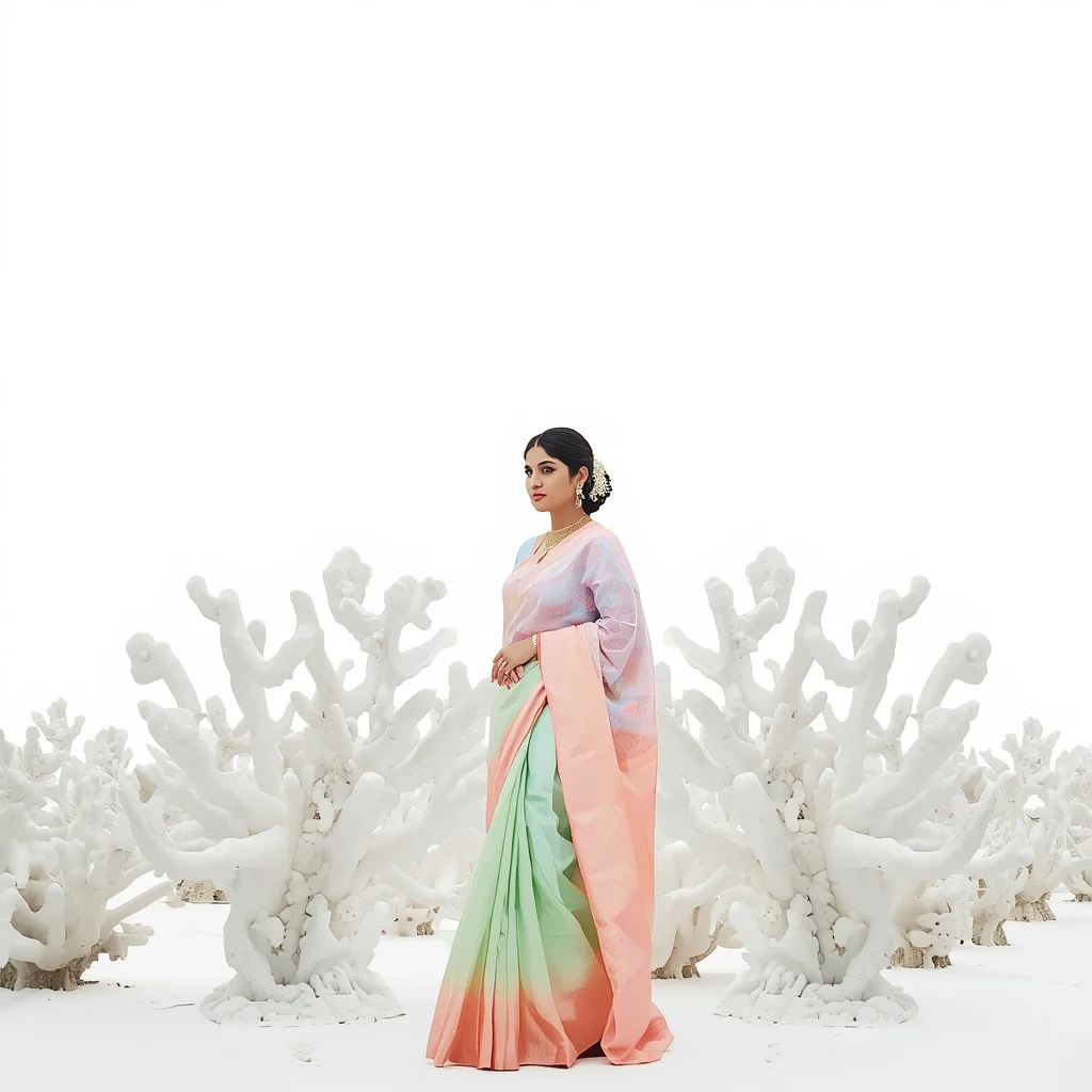 Pastel Saree Minimalist White Coral Lite Background Cinematic Prompt | Gemini Ai Photo Prompt Copy Paste