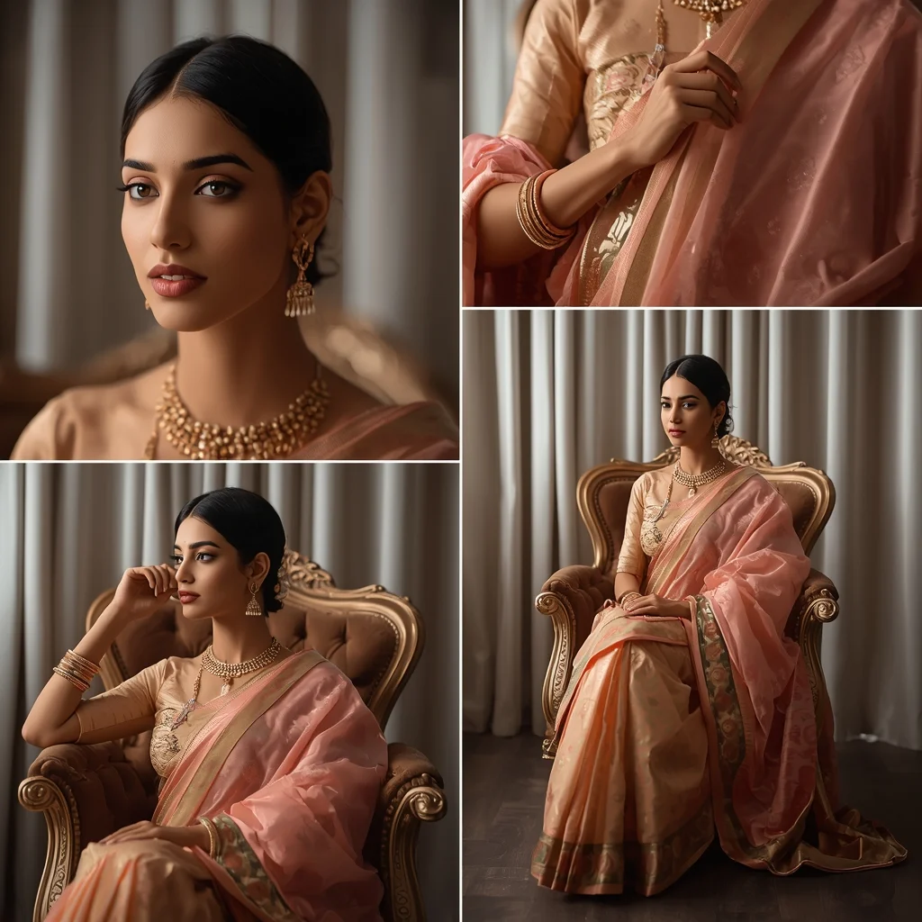 Pastel Saree Royal Chair Portrait Sequence Collage Image Prompt | Saree Look Ai Prompt Modern Style