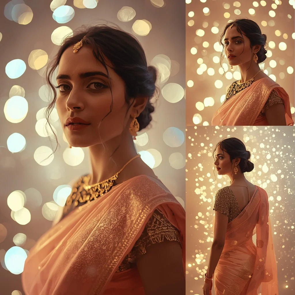 Pastel Saree Soft Bokeh Light Dream Portrait Collage Image Prompt | Gemini Saree Prompt Photo