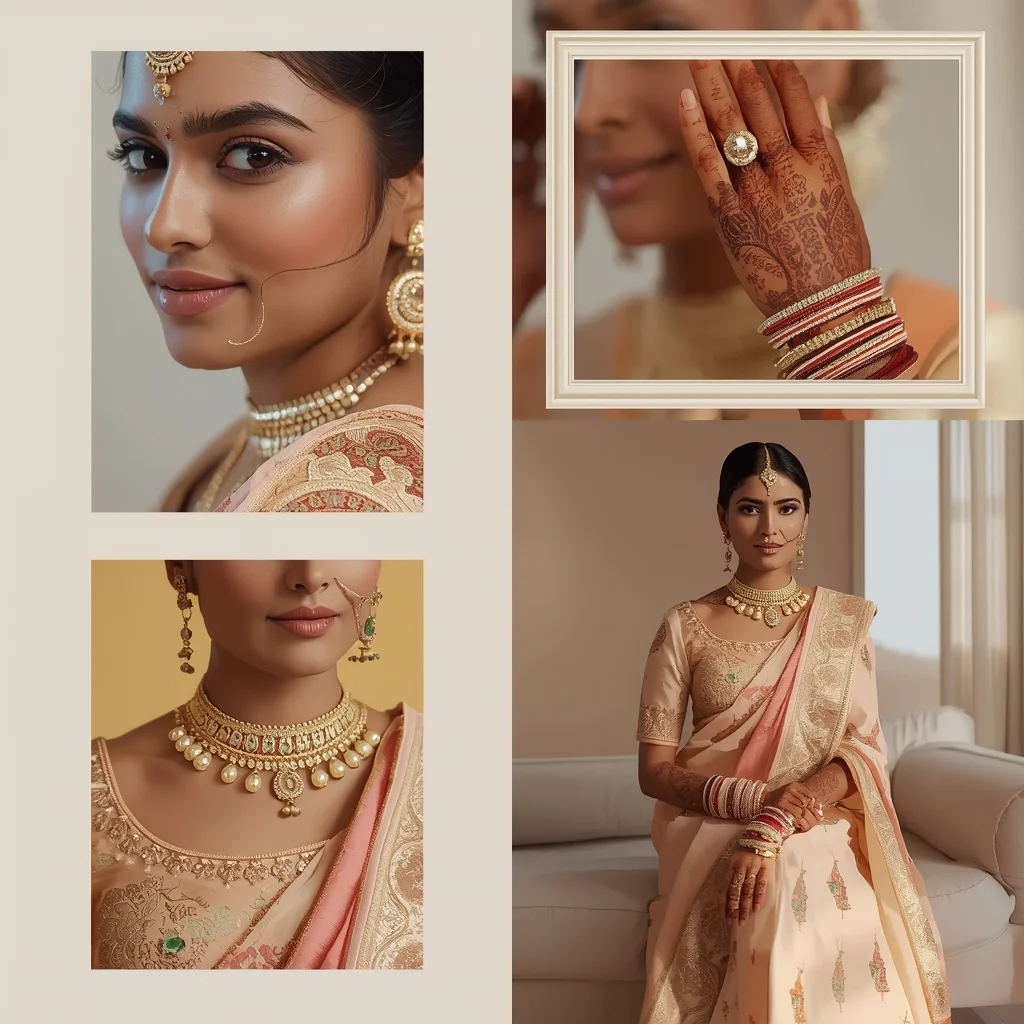 Pastel Saree Soft Bridal Detail Frame Collage with Jewelry Focus Image Prompt | Gemini Ai Prompt Saree Copy Paste