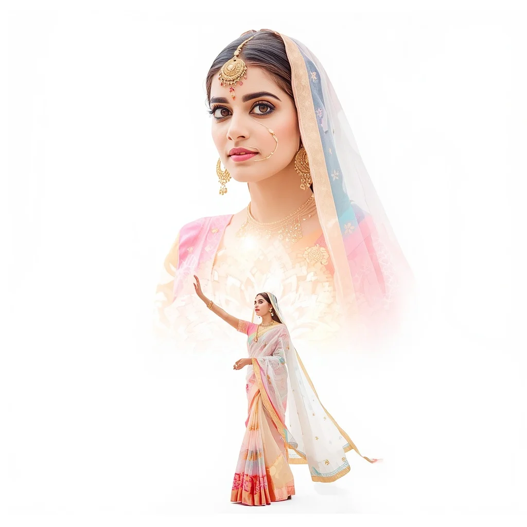 Pastel Saree Soft Holographic Mandalas Lite Background Cinematic Prompt | South Indian Prompt For Girl ChatGPT