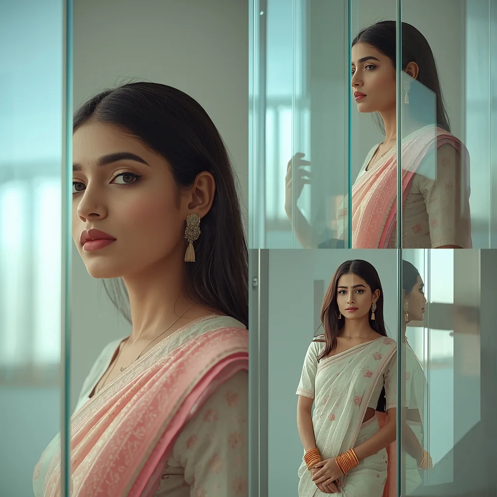 Pastel Saree Soft Reflection Glass Panel Collage Image Prompt | Saree Pose Ai Prompt