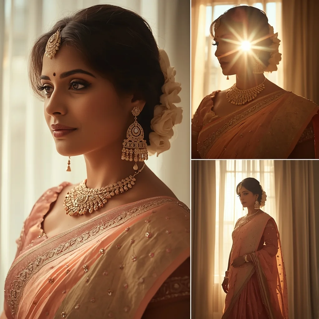 Pastel Saree Soft Sun Flare Bridal Glow Collage Image Prompt | Prompt For Gemini Saree