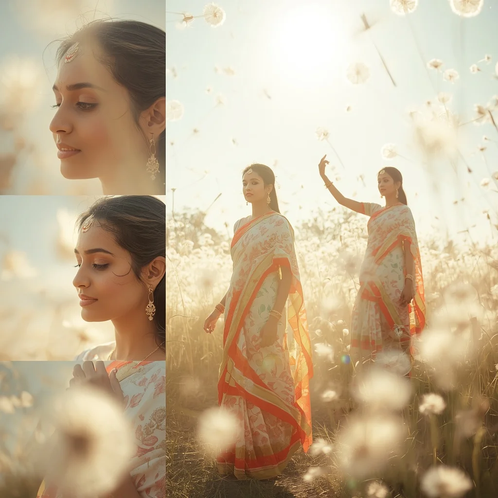 Pastel Saree Sunlit Dandelion Fluff Lite Background Premium Prompt | Aesthetic Saree Prompt For Chatgpt
