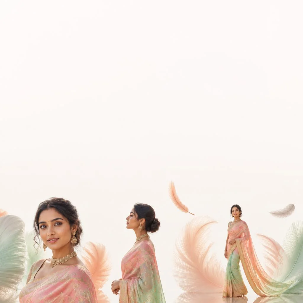 Pastel Saree Surreal Feathered Forms Lite Background Premium Prompt | Beautiful Woman Ai Prompt