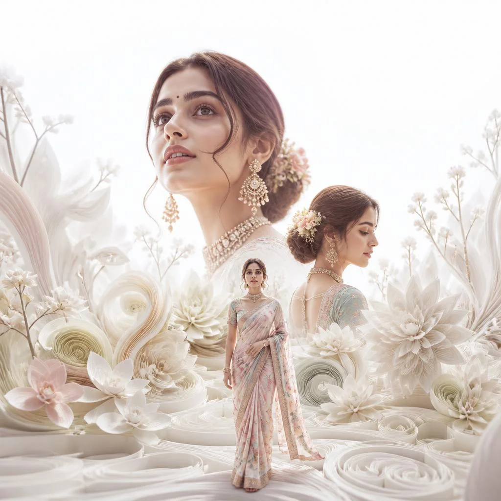Pastel Saree Surreal Floating Paper-Quilled Floral Landscape Lite Background Viral Prompt | Influencer Ai Prompt