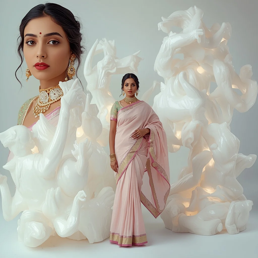 Pastel Saree Translucent White Wax Sculptures Lite Background Cinematic Prompt | Woman Pose Ai Prompt
