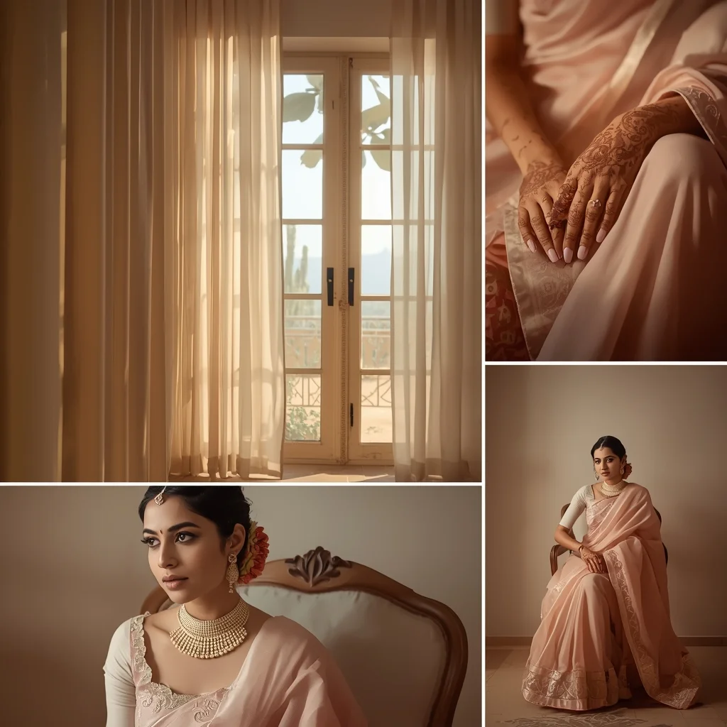 Pastel Saree Vintage Window Light Portrait Grid Collage Image Prompt | Saree Whatsapp Dp Ai Prompt