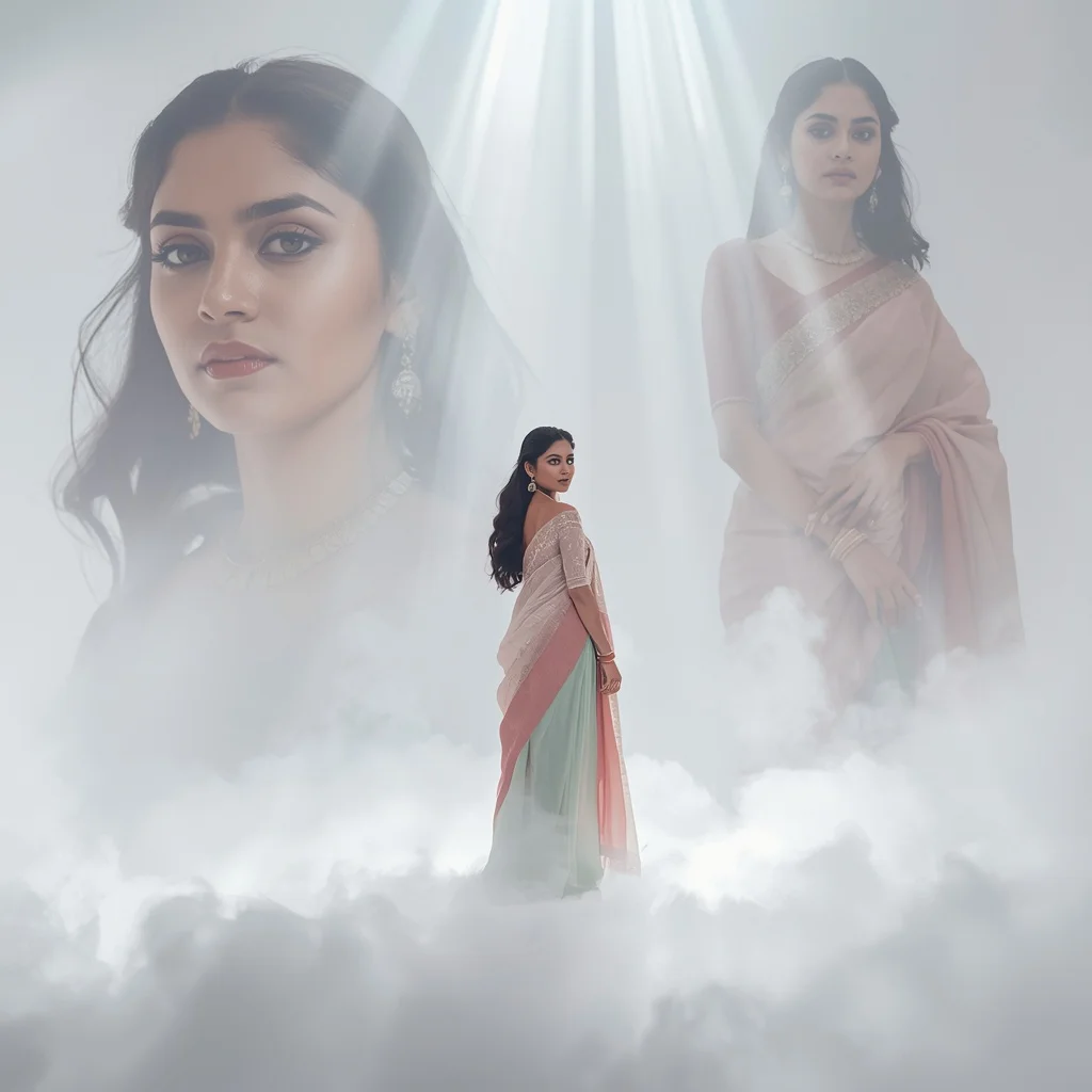 Pastel Saree Volumetric Light Shafts and Grounded Mist Lite Background Cinematic Prompt | Woman Pose Ai Prompt