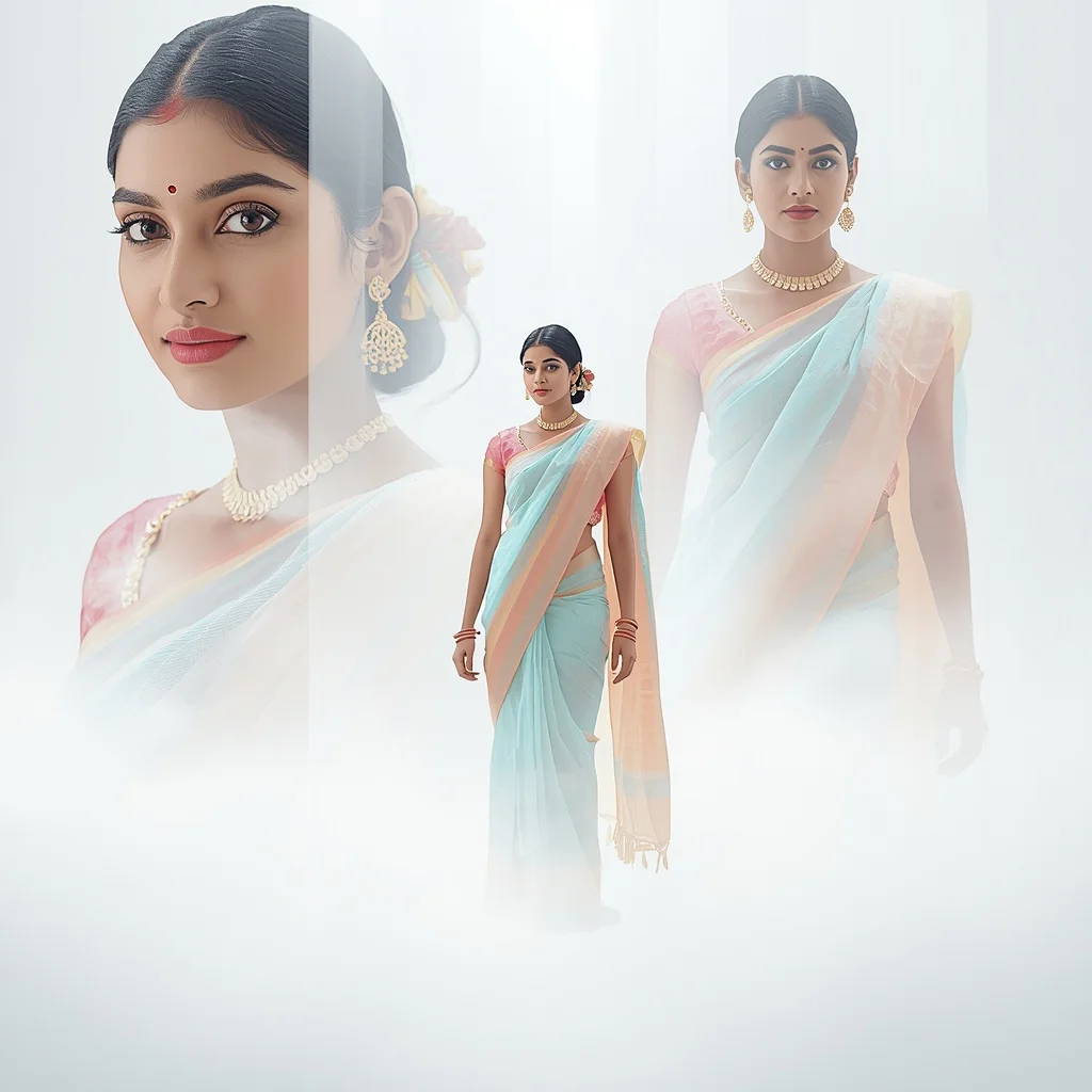 Pastel Saree Volumetric Soft Light and Grounded Fog Lite Background Cinematic Prompt | Instagram Prompt For Traditional Look For Girl